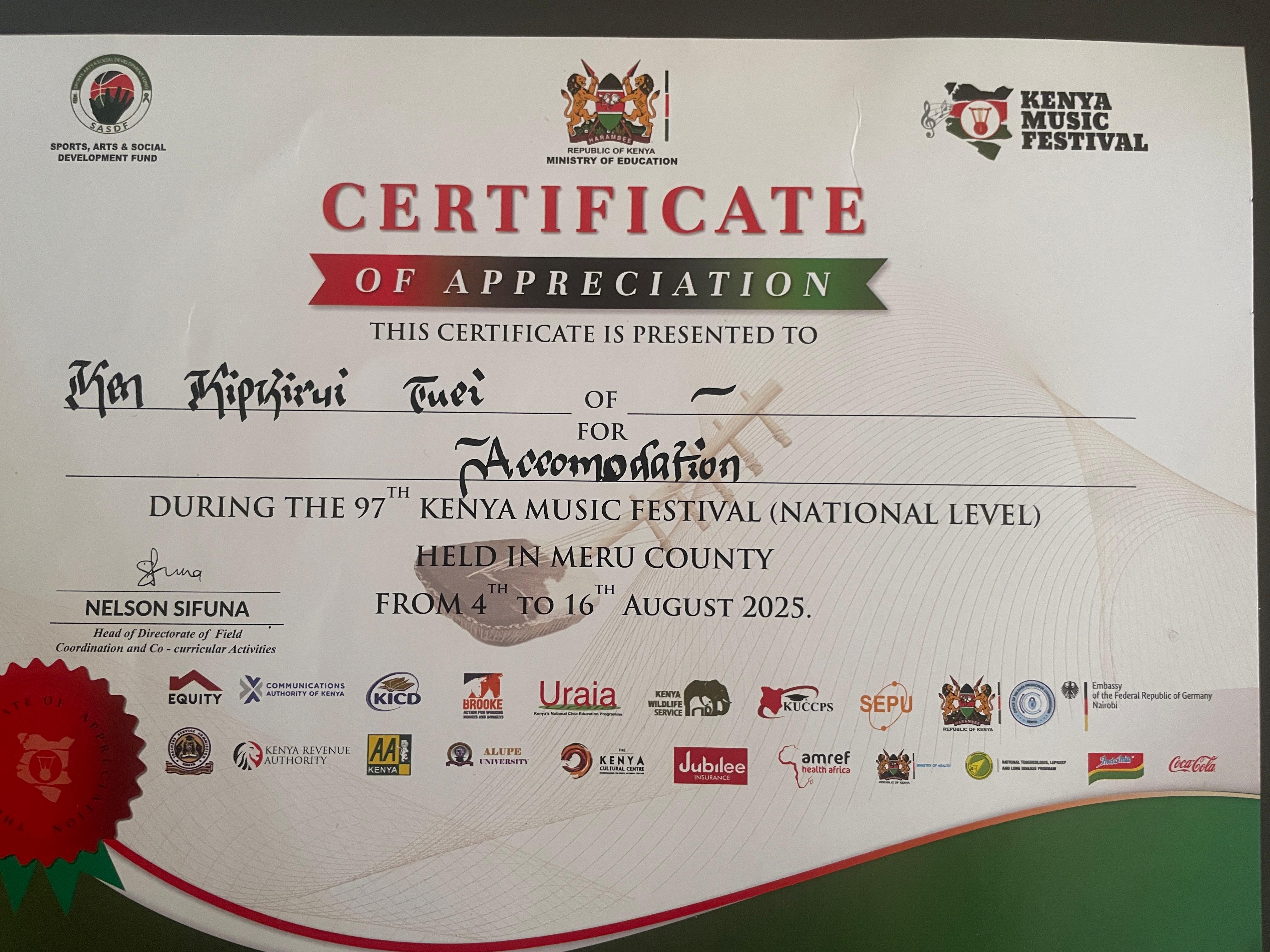 Certificate of Appreciation - Kenya Music Festival